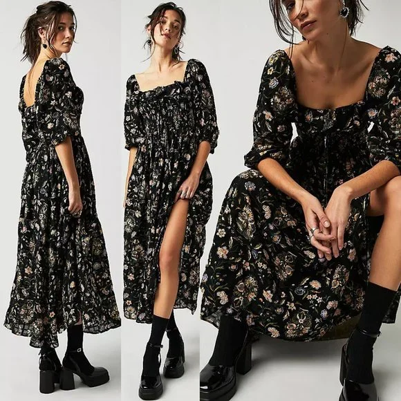 Free People | Dresses | New Free People Oasis Floral Printed Boho Long Midi  Maxi Dress Black 68 Xs